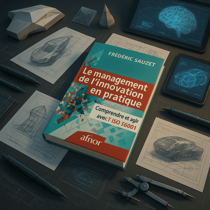 Le livre est posé sur une table parmi des croquis futuristes, des maquettes de design industriel et des outils d'artiste high-tech. Des écrans affichent des concepts innovants, créant une ambiance de créativité et d'avant-garde.