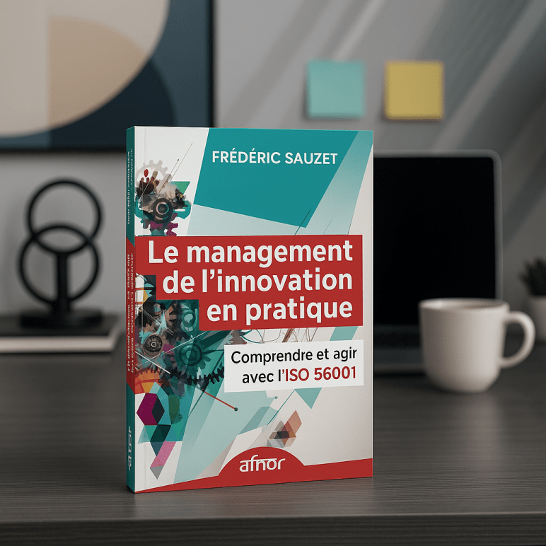 Le livre est posé sur une table de conférence avec des chaises autour, un tableau blanc ou un écran de présentation en arrière-plan affichant des graphiques ou des idées d'innovation. Cela évoque un cadre collaboratif et stratégique.