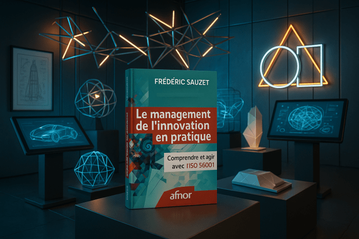 Le livre est exposé dans une vitrine au centre d'un musée dédié à l'innovation, entouré d'inventions historiques et de prototypes futuristes. Des visiteurs observent avec intérêt, soulignant l'importance du livre dans le domaine.