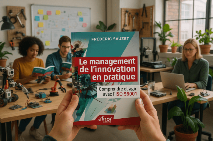 Le livre est placé dans un environnement qui ressemble à un laboratoire d'innovation, avec des prototypes, des tableaux de brainstorming, et des outils technologiques. Cela met en avant l'aspect pratique et expérimental du management de l'innovation.